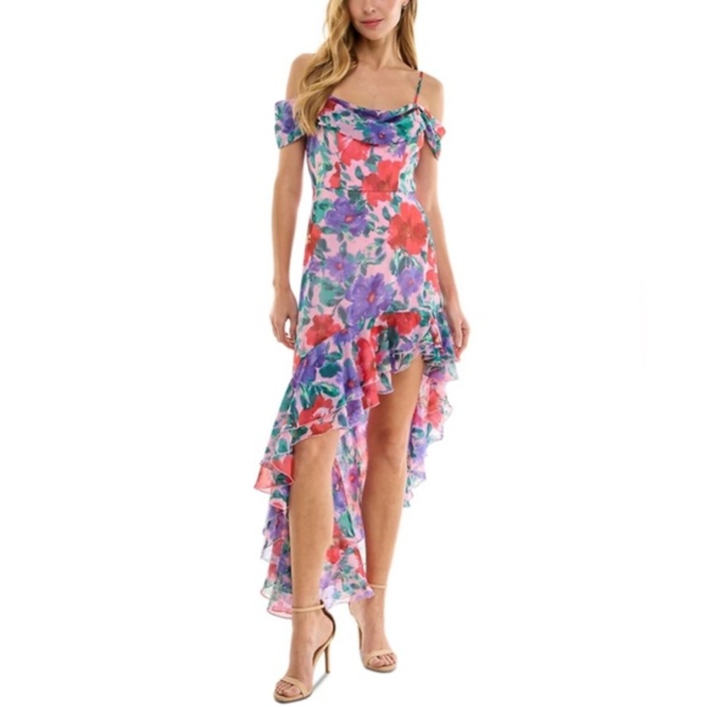 City Studios Juniors' Floral-Print Cold-Shoulder Ruffle-Trim Dress New xxs pink